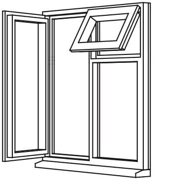 Line drawing of a window with side-hung and top-hung opening sashes