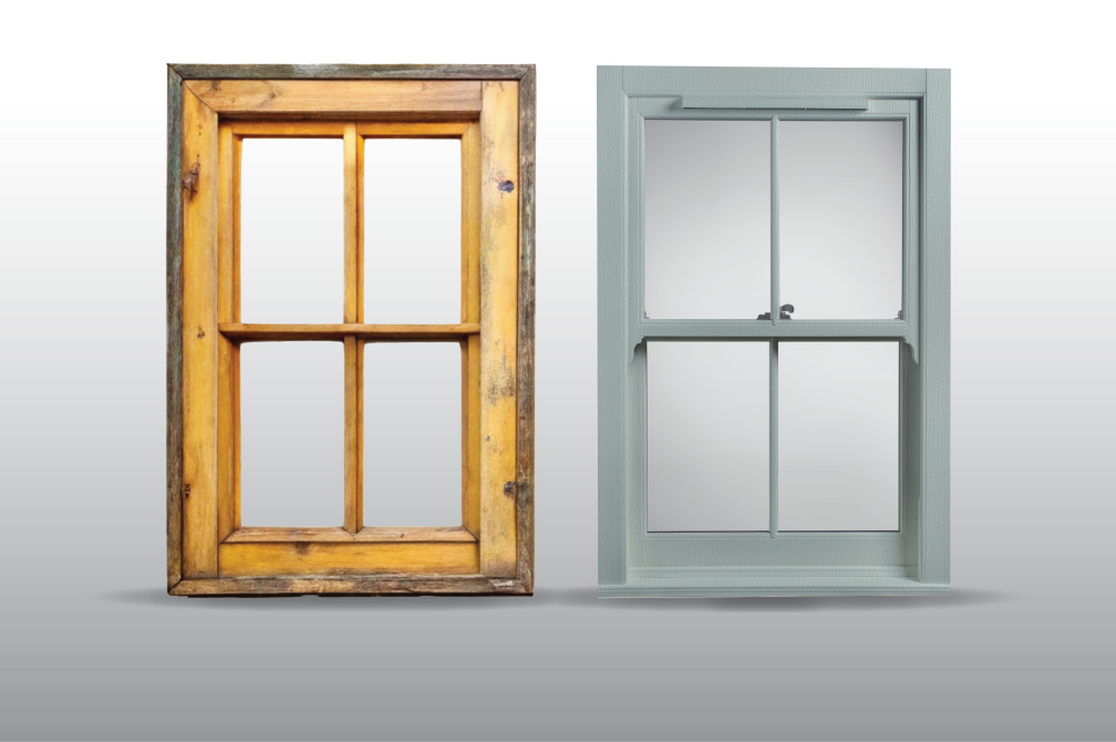 uPVC Legacy sliding sash window beside a traditional timber sash window
