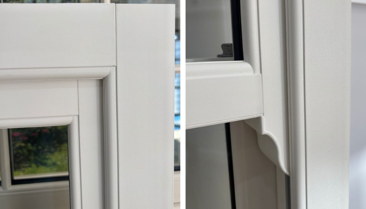 Close-up of Chalk White uPVC sliding sash window frame with matt textured finish