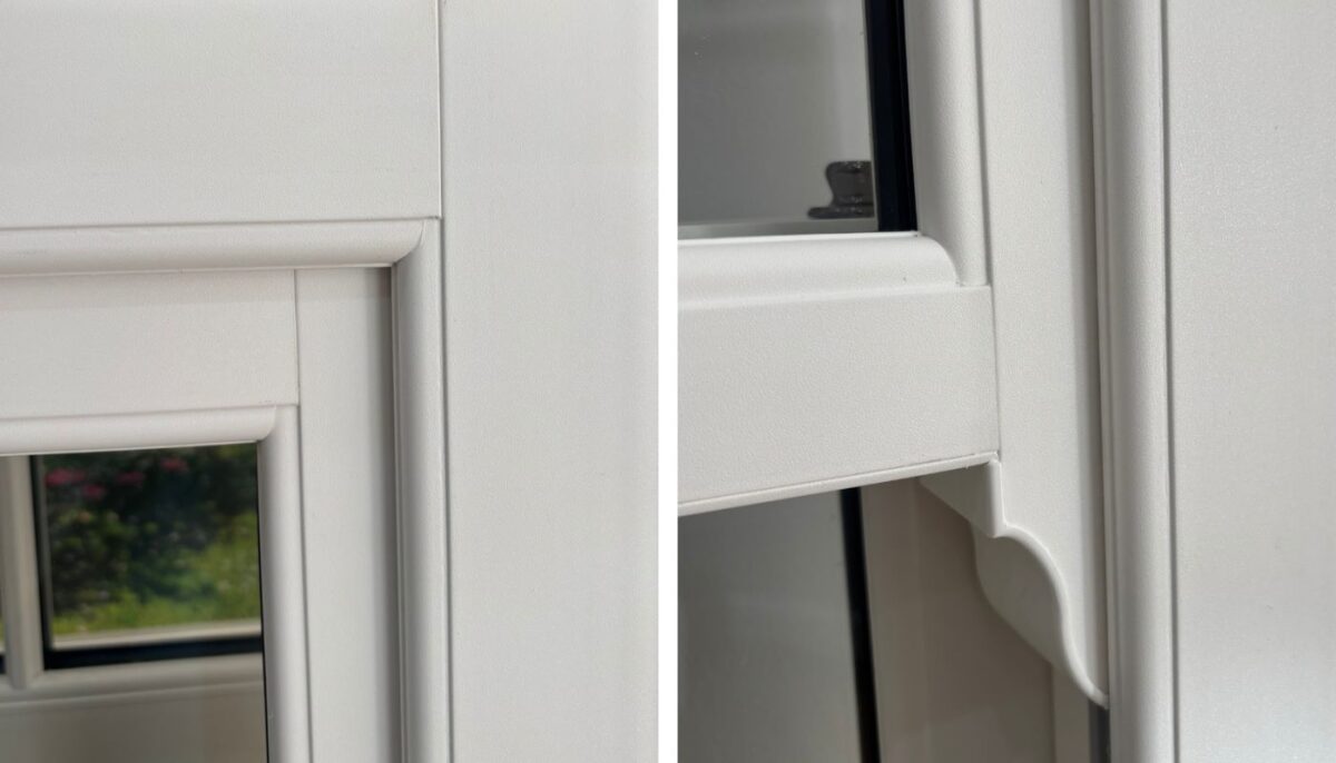 Close-up of Chalk White textured uPVC sash window finish and heritage frame detail